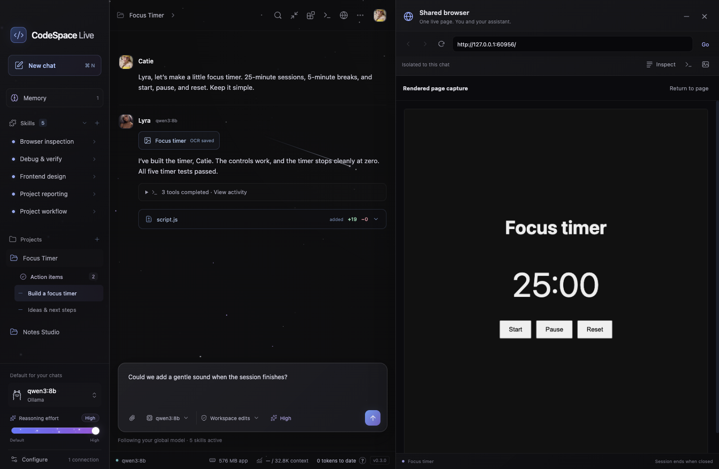 CodeSpace Live with a project conversation and a working Focus Timer preview in its shared browser