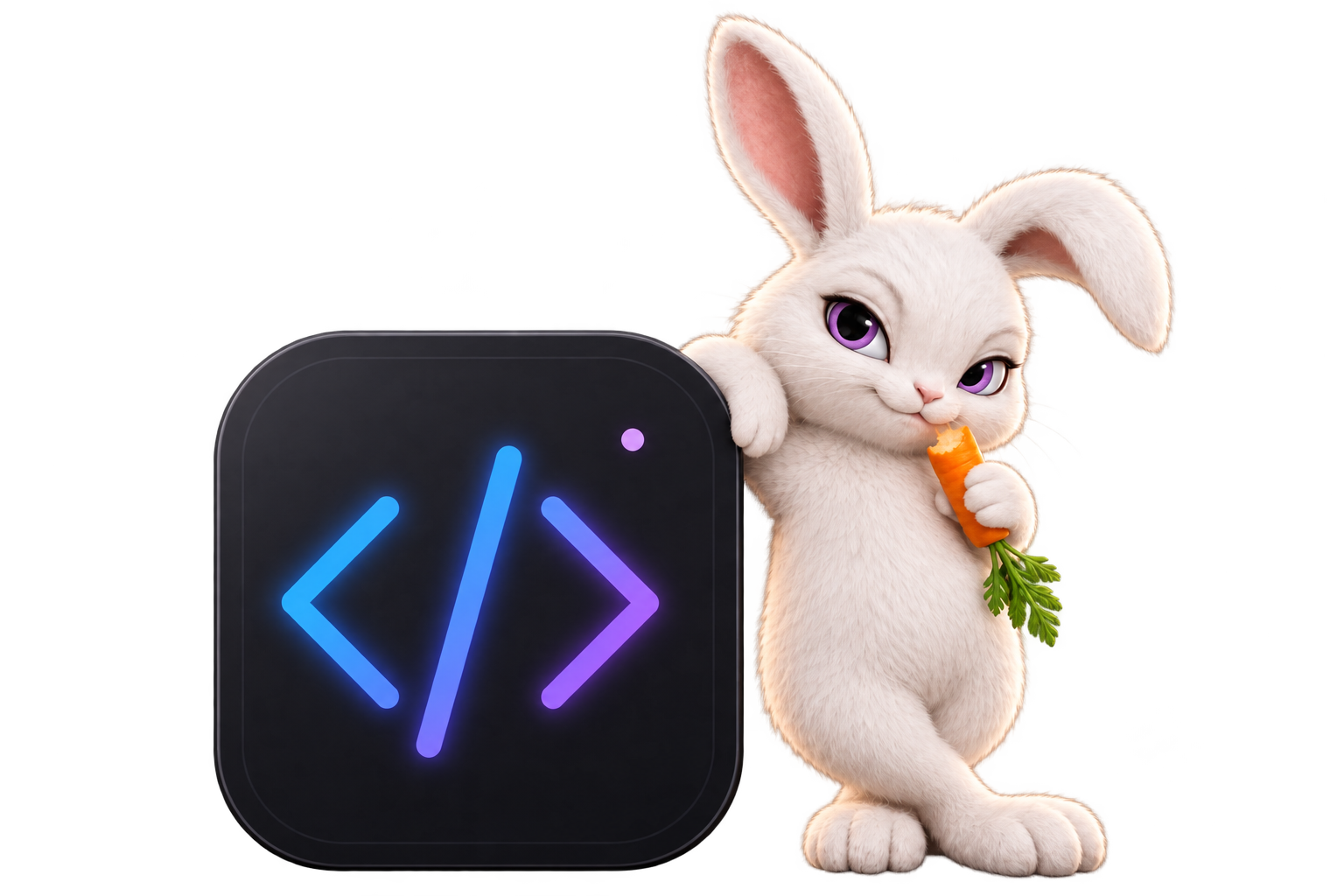 Violet, CodeSpace Live’s optional desktop companion, leaning against its logo with a carrot
