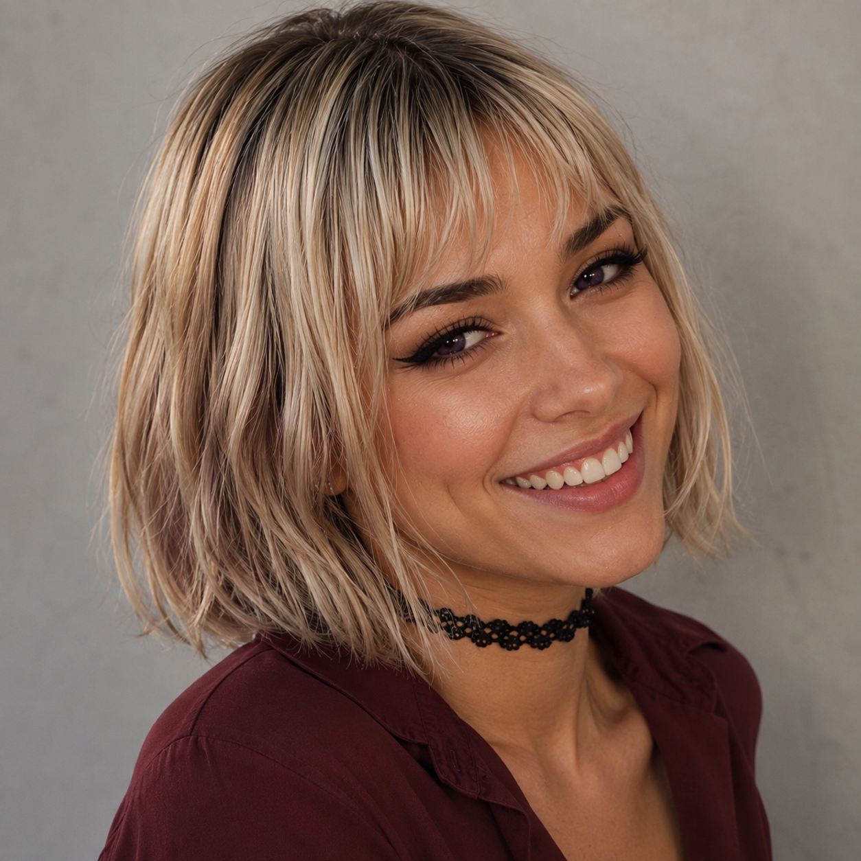 Lyra smiling, with a silver-blonde bob and black choker